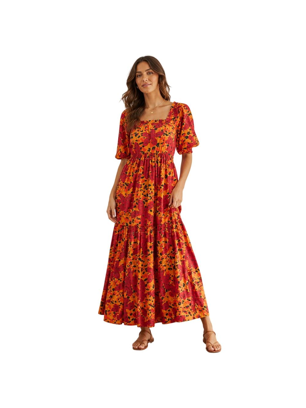 Maude Vivante Rhea Square Neck Puff Sleeve Maxi Dress Orange Pockets Size Small